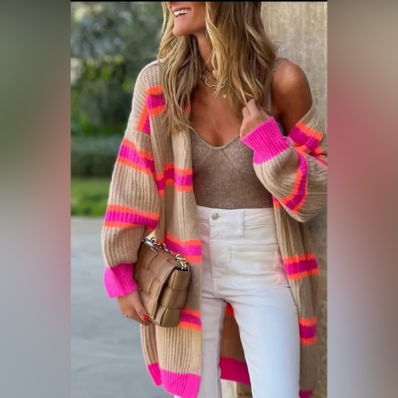 Sweaters - Vibrant Pink and Tan Striped Women's cardigan